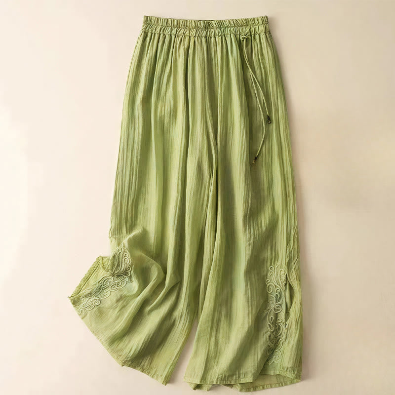 Pantaloni larghi da donna in cotone e lino con coulisse, con tasche, motivo ricamo retrò casual Buddha Stones