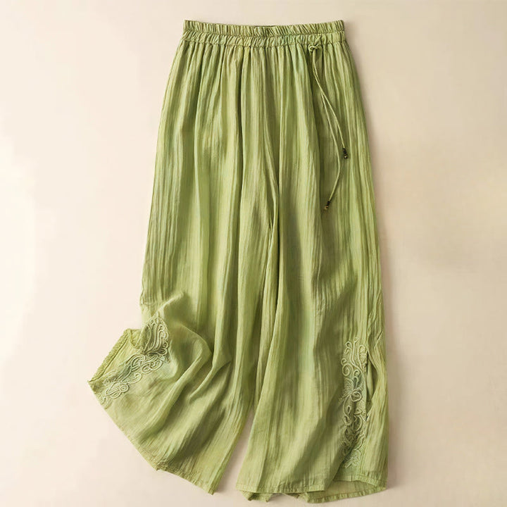Pantaloni larghi da donna in cotone e lino con coulisse, con tasche, motivo ricamo retrò casual Buddha Stones