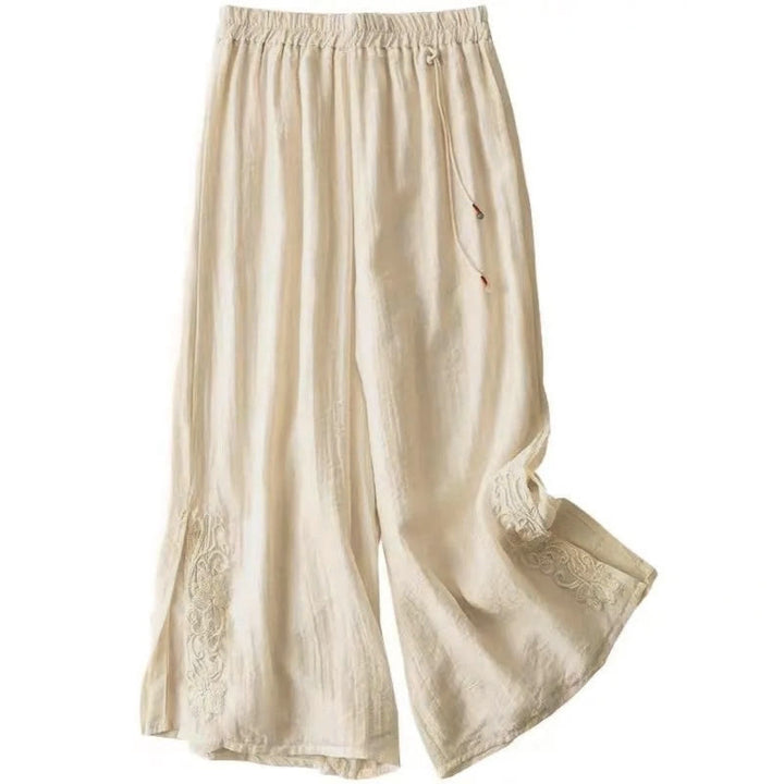 Pantaloni larghi da donna in cotone e lino con coulisse, con tasche, motivo ricamo retrò casual Buddha Stones