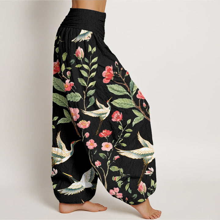Pantaloni harem da donna con elastico in vita, motivo a gru, in cotone casual con fiori rossi e Buddha Stones - image 1