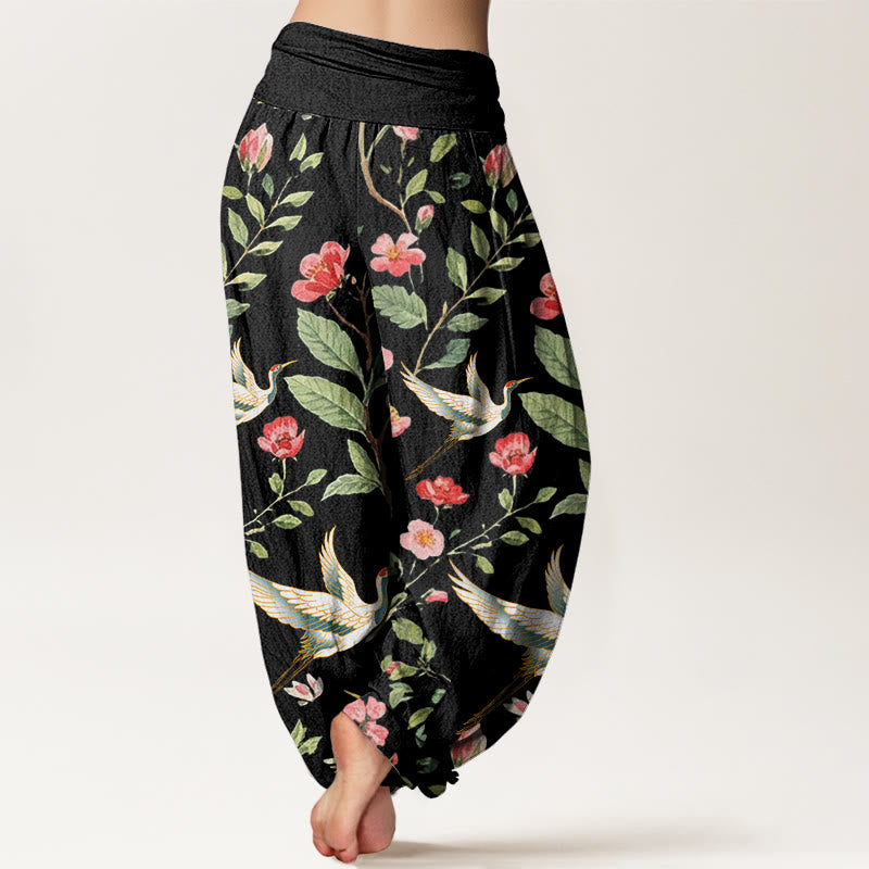 Pantaloni harem da donna con elastico in vita, motivo a gru, in cotone casual con fiori rossi e Buddha Stones - image 2