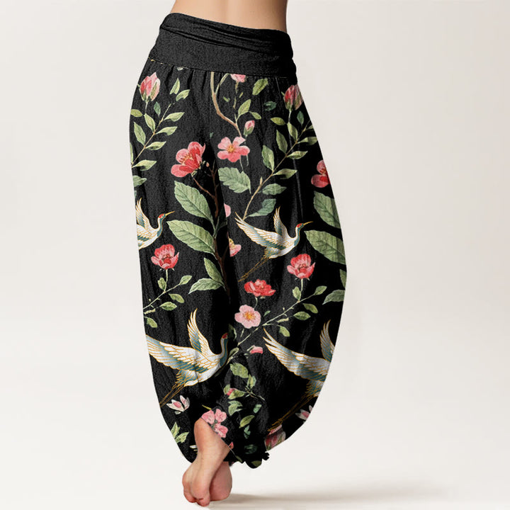 Pantaloni harem da donna con elastico in vita, motivo a gru, in cotone casual con fiori rossi e Buddha Stones - image 2