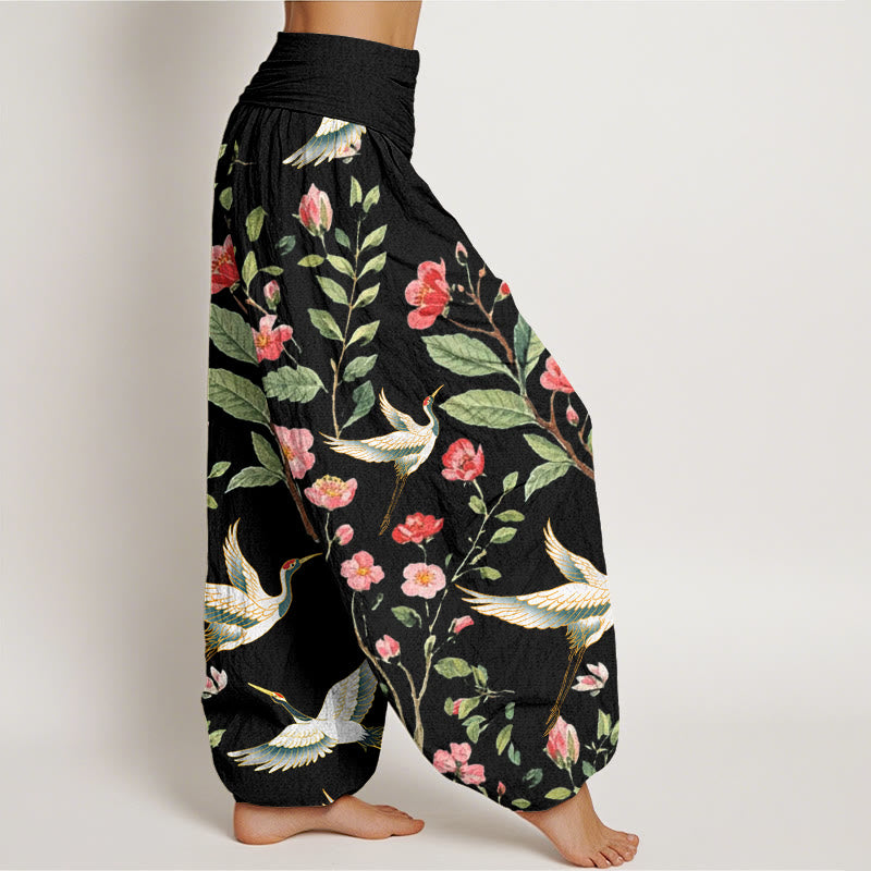 Pantaloni harem da donna con elastico in vita, motivo a gru, in cotone casual con fiori rossi e Buddha Stones - image 1