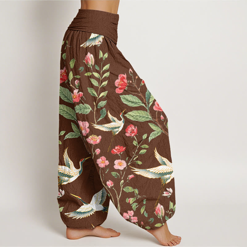 Pantaloni harem da donna con elastico in vita, motivo a gru, in cotone casual con fiori rossi e Buddha Stones - image 5
