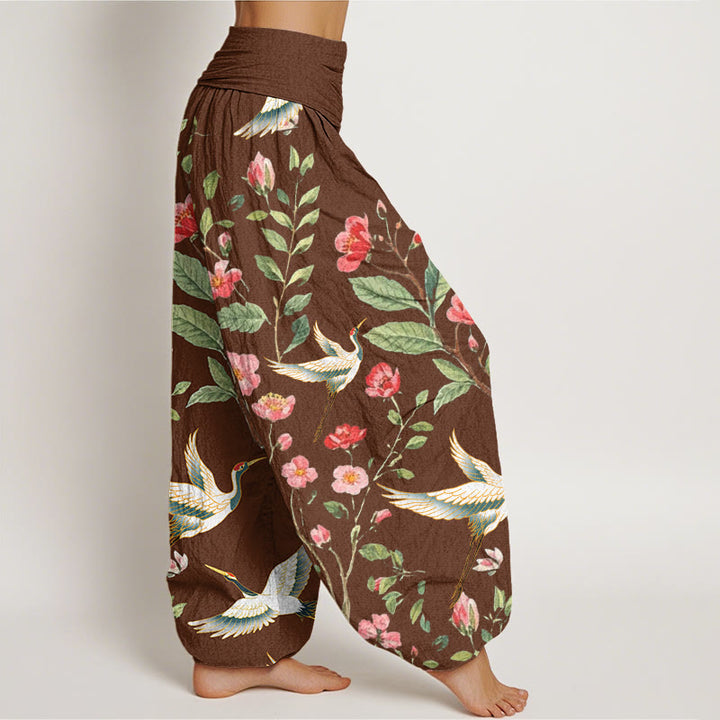 Pantaloni harem da donna con elastico in vita, motivo a gru, in cotone casual con fiori rossi e Buddha Stones - image 5
