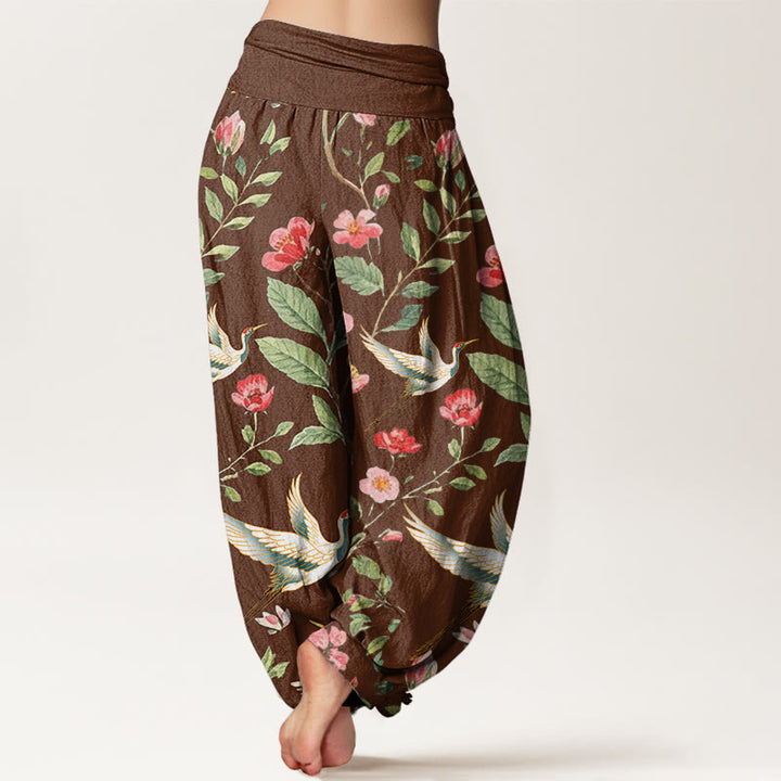 Pantaloni harem da donna con elastico in vita, motivo a gru, in cotone casual con fiori rossi e Buddha Stones - image 6