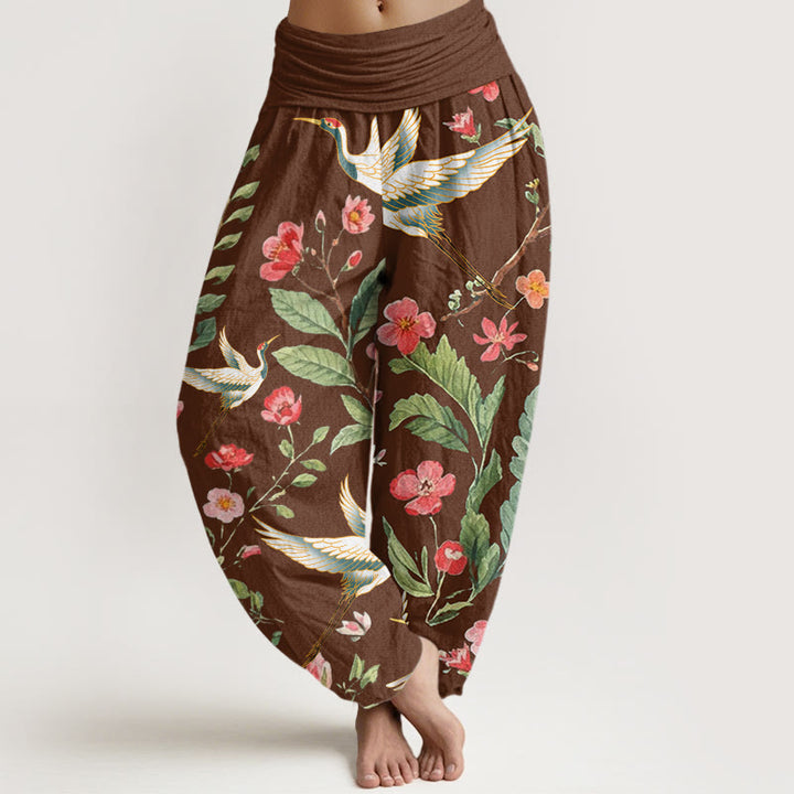 Pantaloni harem da donna con elastico in vita, motivo gru, motivo fiori rossi casual Buddha Stones - Marrone sella - US22, UK/AU26, EU54 (6XL) - image 5
