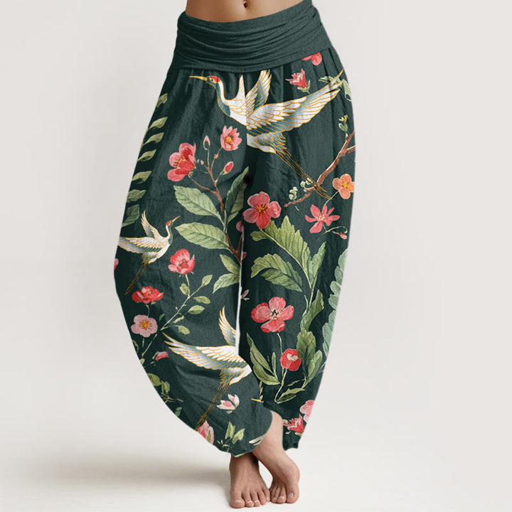 Pantaloni harem da donna con elastico in vita, motivo gru, motivo fiori rossi casual Buddha Stones - Verde scuro - US22, UK/AU26, EU54 (6XL) - image 8