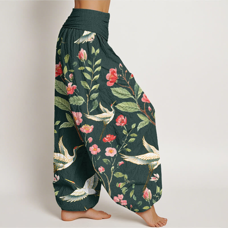 Pantaloni harem da donna con elastico in vita, motivo gru, motivo fiori rossi casual Buddha Stones - image 9