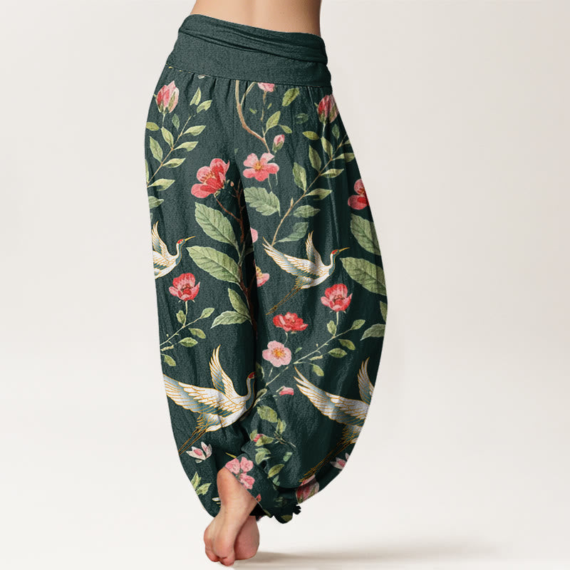 Pantaloni harem da donna con elastico in vita, motivo a gru, in cotone casual con fiori rossi e Buddha Stones - image 9