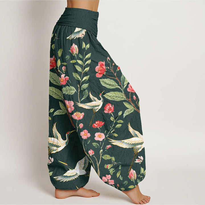 Pantaloni harem da donna con elastico in vita, motivo a gru, in cotone casual con fiori rossi e Buddha Stones - image 8