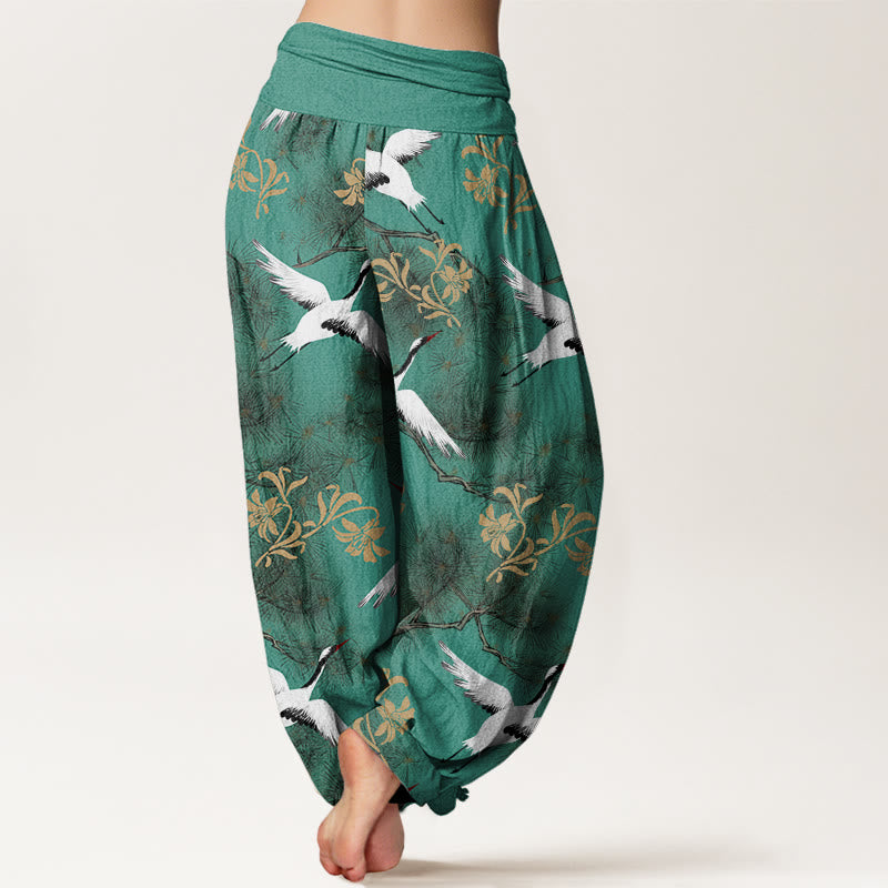 Pantaloni harem da donna con elastico in vita, modello casual con gru coronata rossa e pino, motivo Buddha Stones - image 3
