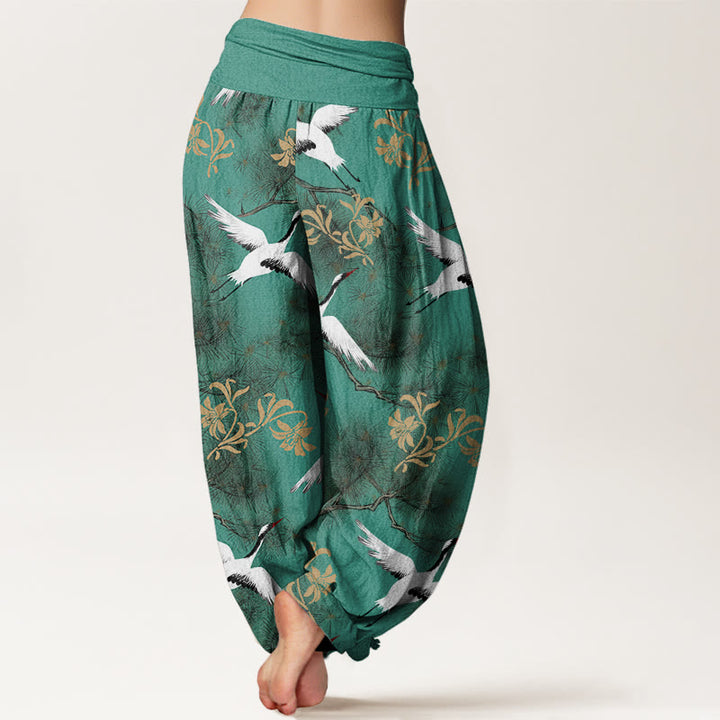 Pantaloni harem da donna con elastico in vita, modello casual con gru coronata rossa e pino, motivo Buddha Stones - image 3