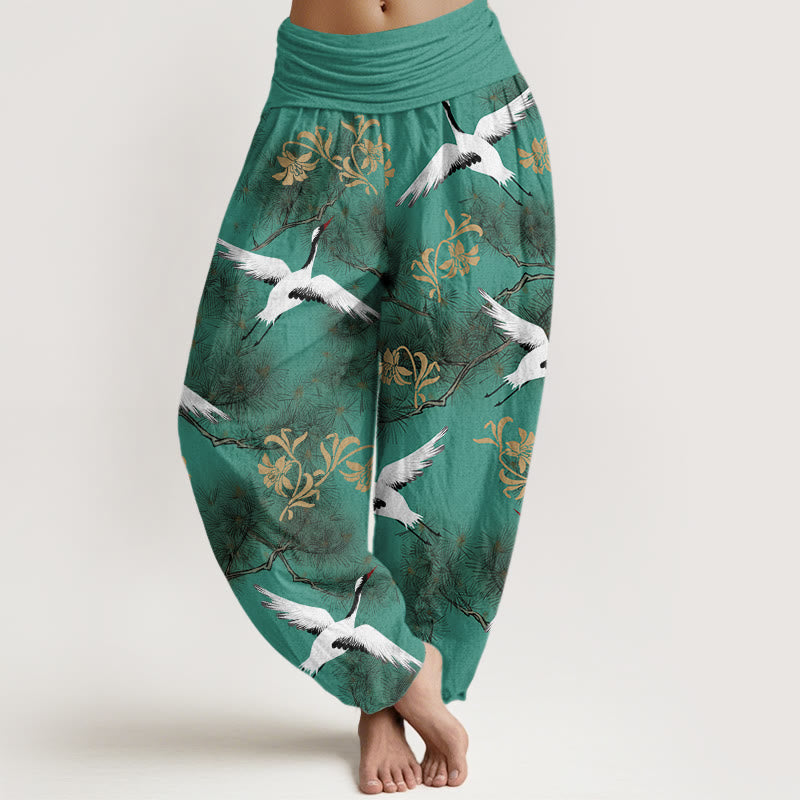 Pantaloni harem da donna con elastico in vita, modello casual con gru coronata rossa e pino, motivo Buddha Stones - Verdemare medio - US22, UK/AU26, EU54 (6XL) - image 1