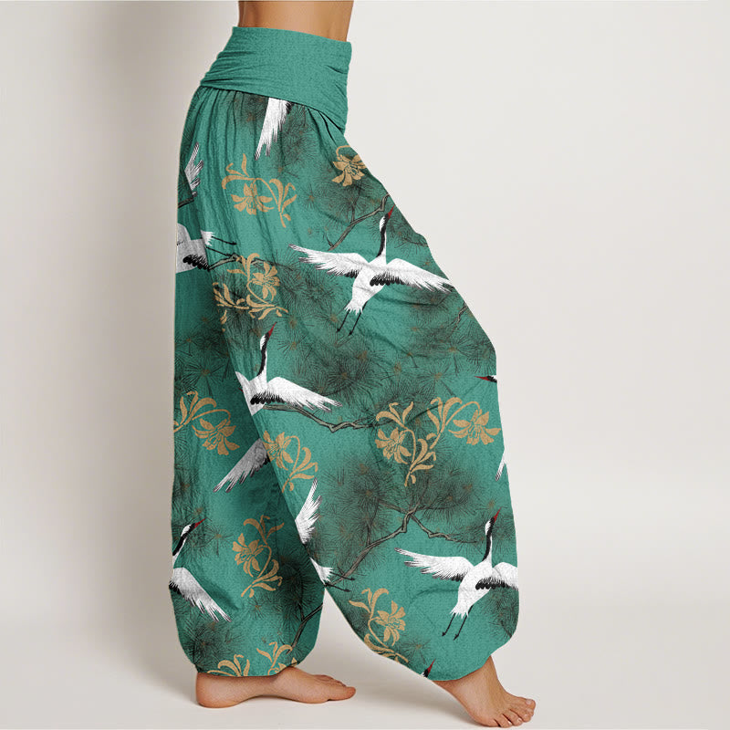 Pantaloni harem da donna con elastico in vita, modello casual con gru coronata rossa e pino, motivo Buddha Stones - image 2
