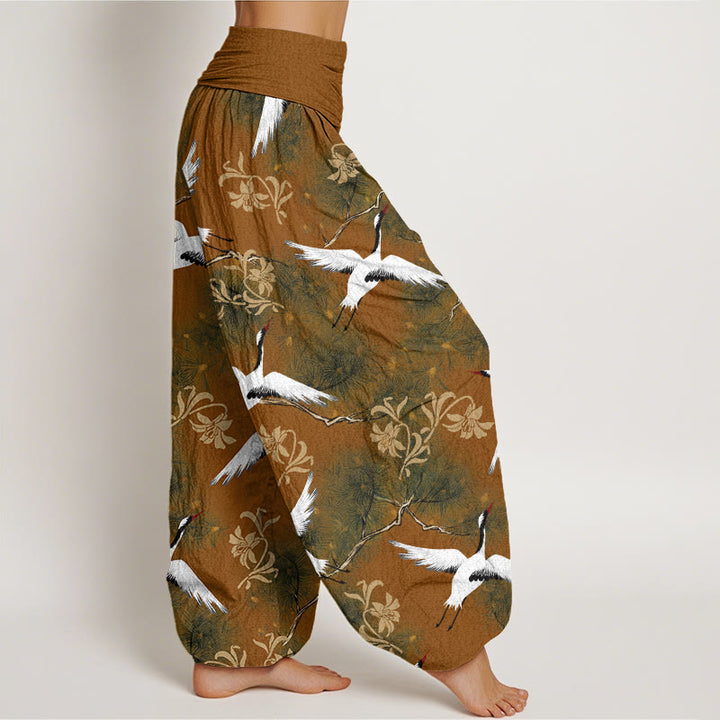 Pantaloni harem da donna con elastico in vita, modello casual con gru coronata rossa e pino, motivo Buddha Stones - image 6