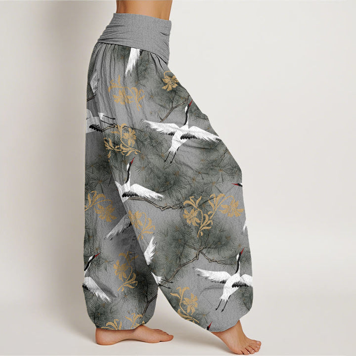 Pantaloni harem da donna con elastico in vita, modello casual con gru coronata rossa e pino, motivo Buddha Stones - image 9