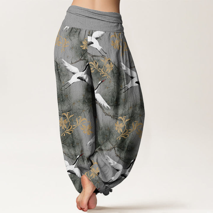 Pantaloni harem da donna con elastico in vita, modello casual con gru coronata rossa e pino, motivo Buddha Stones - image 9