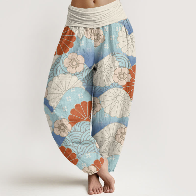 Pantaloni harem da donna con elastico in vita, motivo astratto a petali e onde, stile casual, motivo Buddha Stones - FlorealeBianco - US22, UK/AU26, EU54 (6XL) - image 1