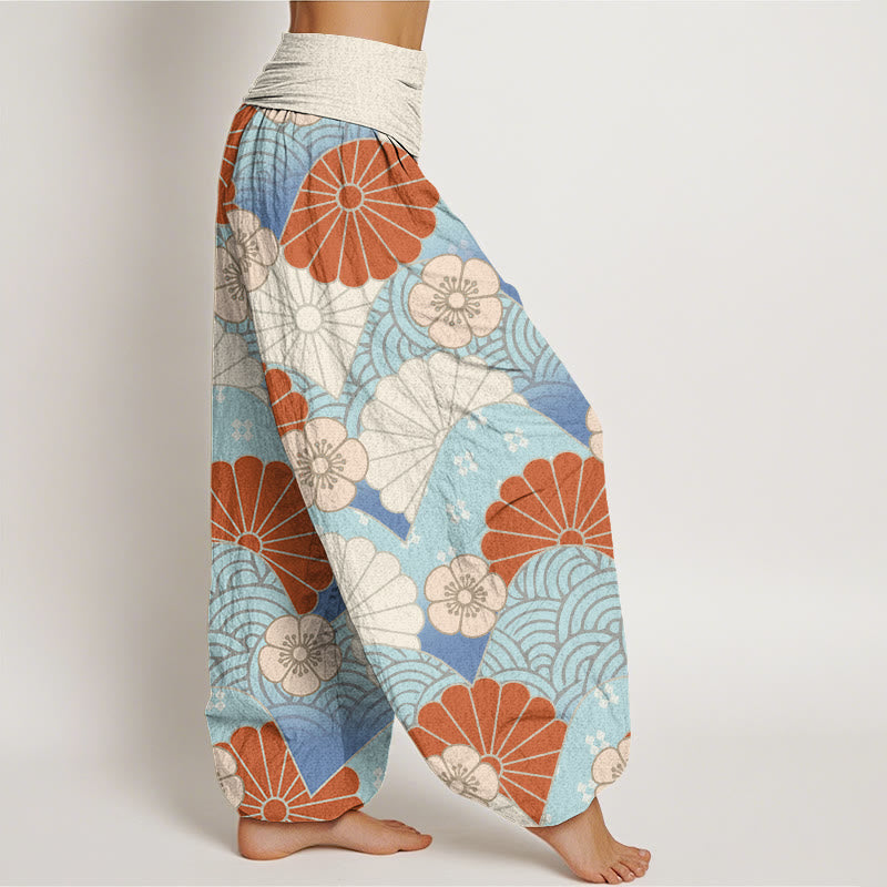 Pantaloni harem da donna con elastico in vita, motivo astratto a petali e onde, stile casual, motivo Buddha Stones - image 2