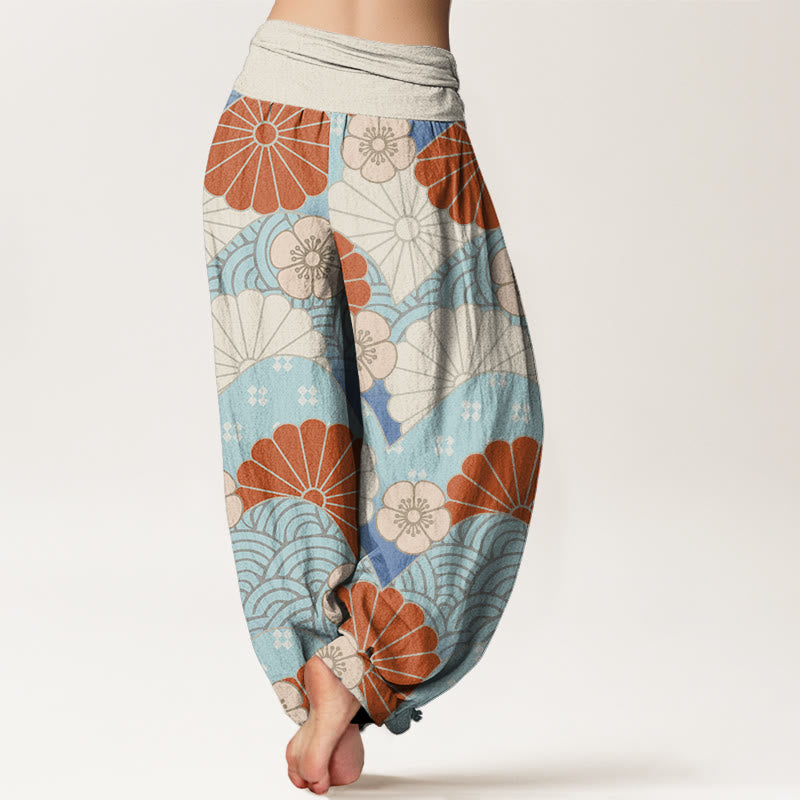 Pantaloni harem da donna con elastico in vita, motivo astratto a petali e onde, stile casual, motivo Buddha Stones - image 3