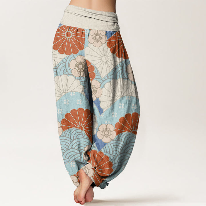 Pantaloni harem da donna con elastico in vita, motivo astratto a petali e onde, stile casual, motivo Buddha Stones - image 3