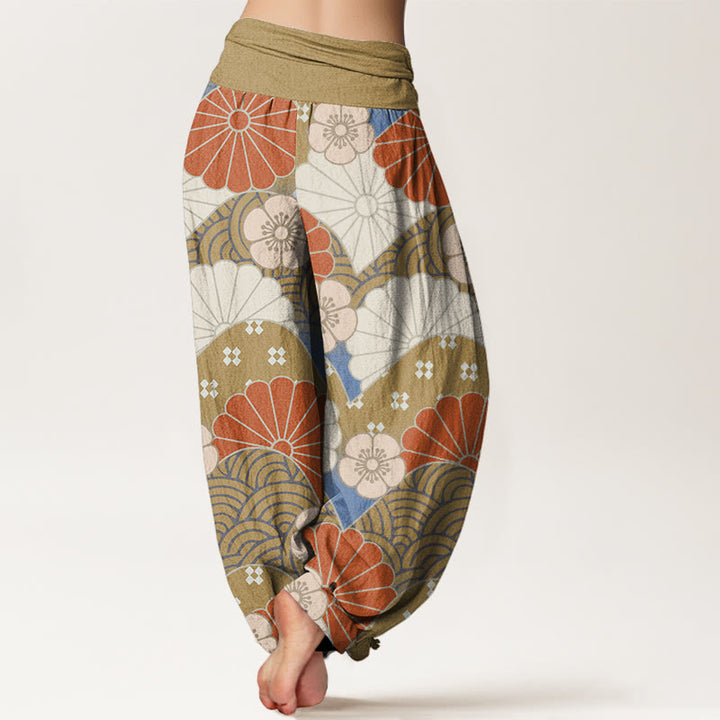 Pantaloni harem da donna con elastico in vita, motivo astratto a petali e onde, stile casual, motivo Buddha Stones - image 7