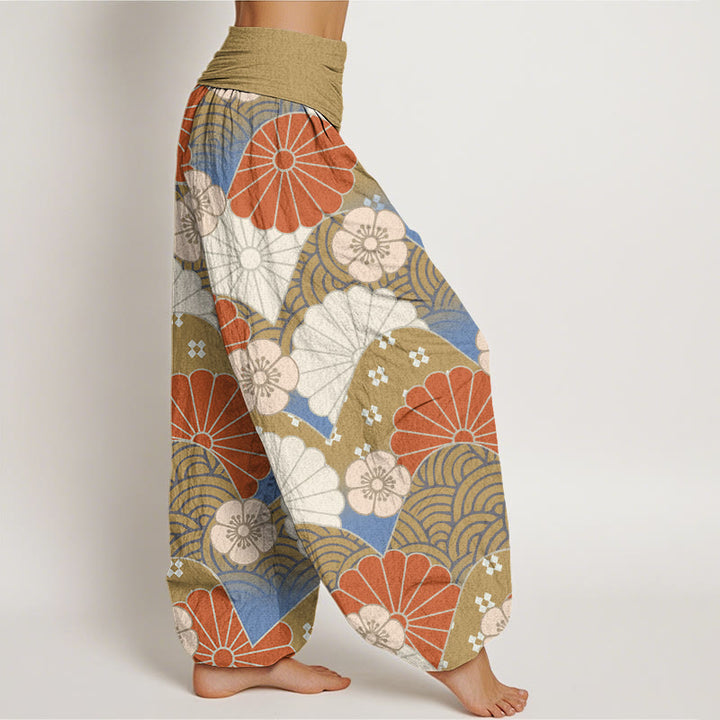 Pantaloni harem da donna con elastico in vita, motivo astratto a petali e onde, stile casual, motivo Buddha Stones - image 5