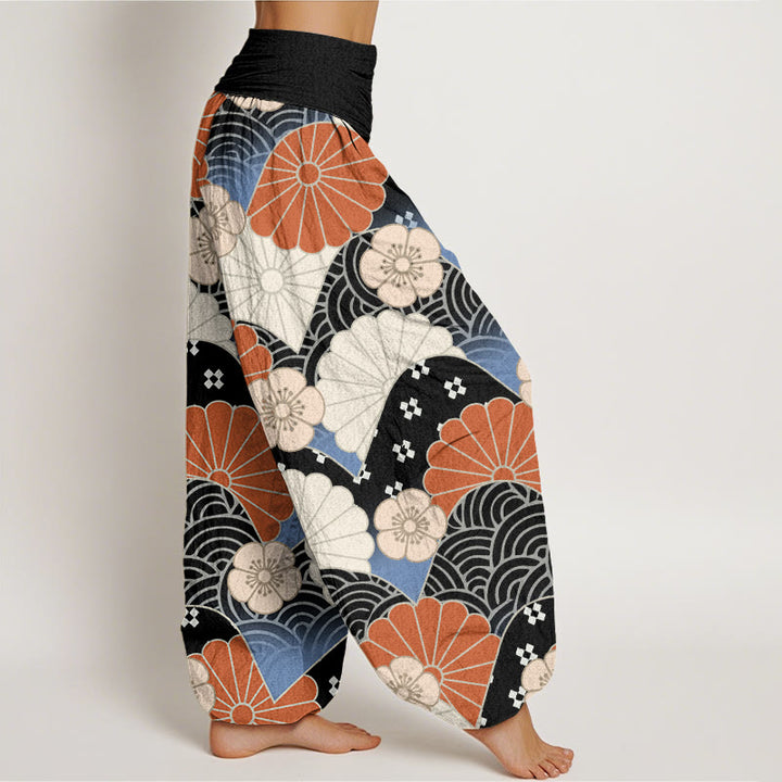 Pantaloni harem da donna con elastico in vita, motivo astratto a petali e onde, stile casual, motivo Buddha Stones - image 9