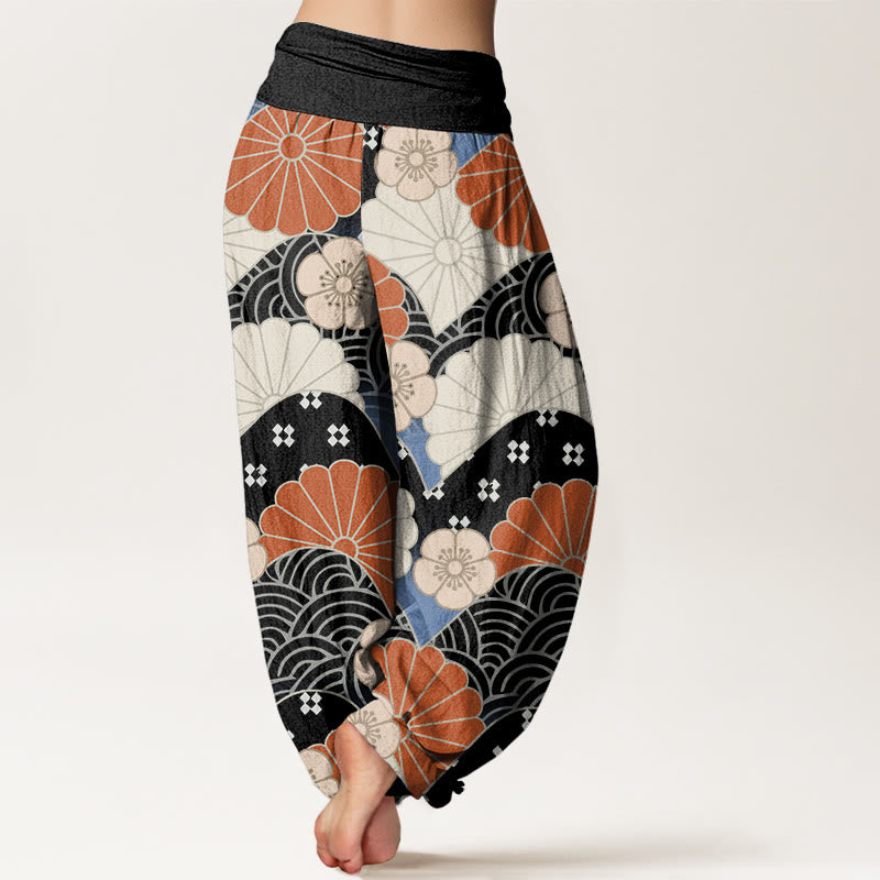 Pantaloni harem da donna con elastico in vita, motivo astratto a petali e onde, stile casual, motivo Buddha Stones - image 9
