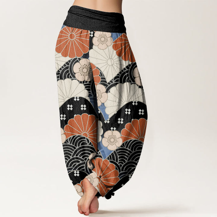 Pantaloni harem da donna con elastico in vita, motivo astratto a petali e onde, in cotone, casual, con Buddha Stones - image 9