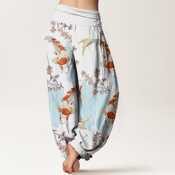 Pantaloni harem da donna con elastico in vita, in cotone, casual, motivo con pesci koi e fiori di ciliegio, motivo Buddha Stones - image 2