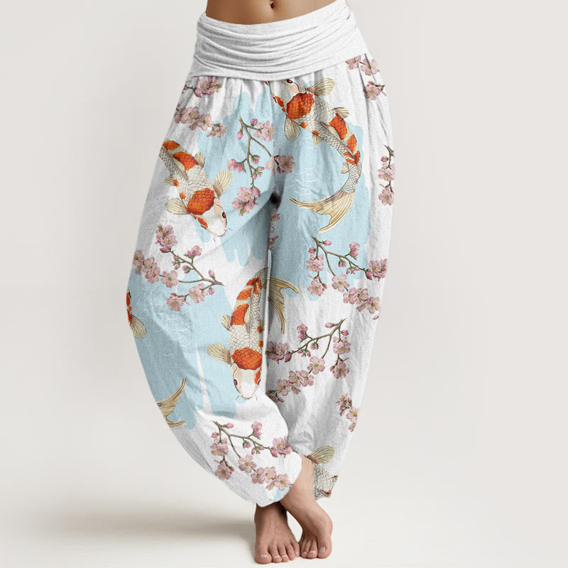 Pantaloni harem da donna con elastico in vita, in cotone, casual, motivo con pesci koi e fiori di ciliegio, motivo Buddha Stones - Bianco - US22, UK/AU26, EU54 (6XL) - image 0