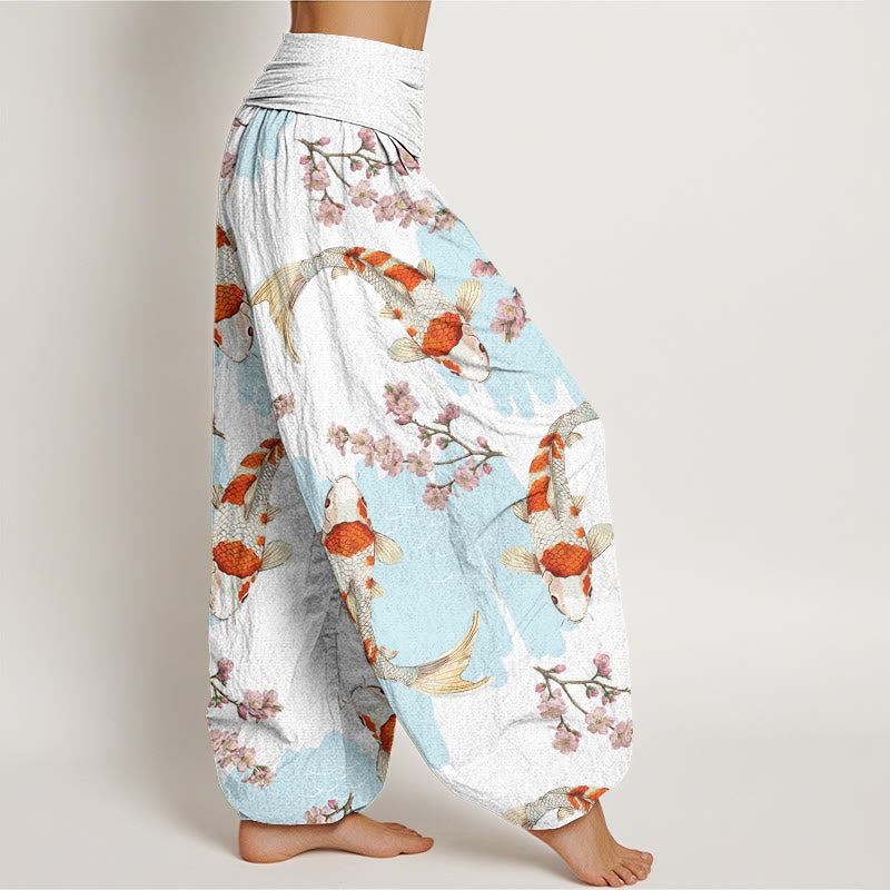 Pantaloni harem da donna con elastico in vita, in cotone, casual, motivo con pesci koi e fiori di ciliegio, motivo Buddha Stones - image 1