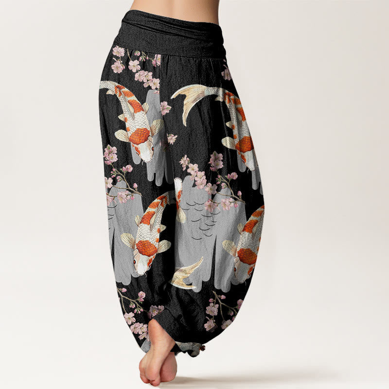 Pantaloni harem da donna con elastico in vita, in cotone, casual, motivo con pesci koi e fiori di ciliegio, motivo Buddha Stones - image 6