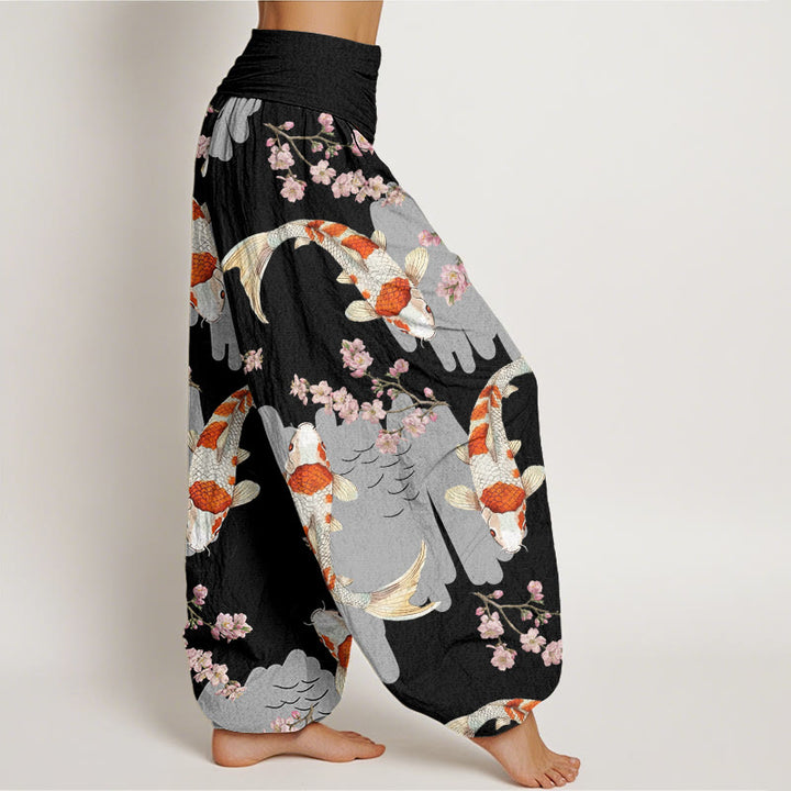 Pantaloni harem da donna con elastico in vita, in cotone, casual, motivo con pesci koi e fiori di ciliegio, motivo Buddha Stones - image 5