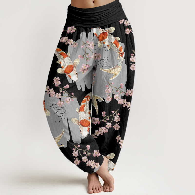 Pantaloni harem da donna con elastico in vita, in cotone, casual, motivo con pesci koi e fiori di ciliegio, motivo Buddha Stones - Nero - US22, UK/AU26, EU54 (6XL) - image 4