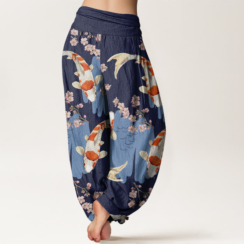Pantaloni harem da donna con elastico in vita, in cotone, casual, motivo con pesci koi e fiori di ciliegio, motivo Buddha Stones - image 9