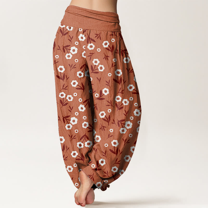 Pantaloni harem da donna con elastico in vita, modello semplice, casual, in cotone con fiori e foglie, motivo Buddha Stones - image 2