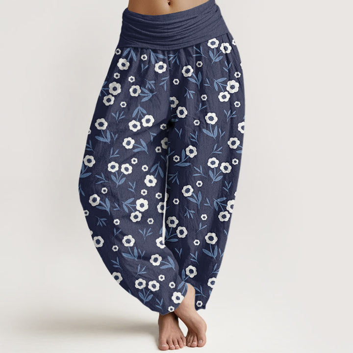 Pantaloni harem da donna con elastico in vita, modello casual, semplice, con fiori e foglie, motivo Buddha Stones - Blu scuro - US22, UK/AU26, EU54 (6XL) - image 5