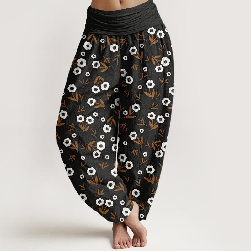 Pantaloni harem da donna con elastico in vita, modello casual, semplice, con fiori e foglie, motivo Buddha Stones - Nero - US22, UK/AU26, EU54 (6XL) - image 8