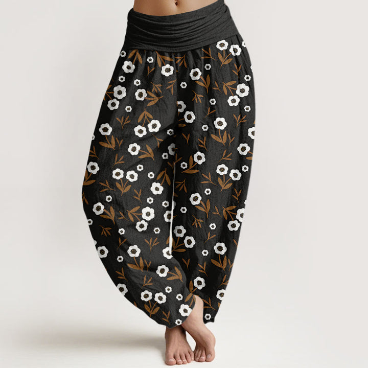 Pantaloni harem da donna con elastico in vita, modello casual, semplice, con fiori e foglie, motivo Buddha Stones - Nero - US22, UK/AU26, EU54 (6XL) - image 8