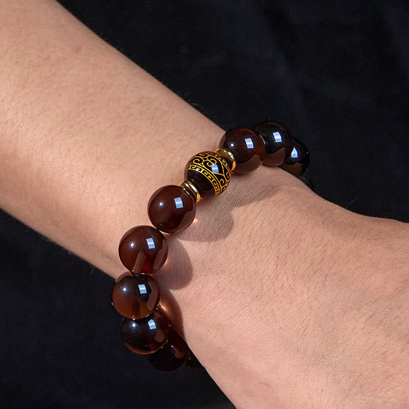 Braccialetto Buddha Stones Ice Obsidian con timbro oro in sanscrito e coraggio
