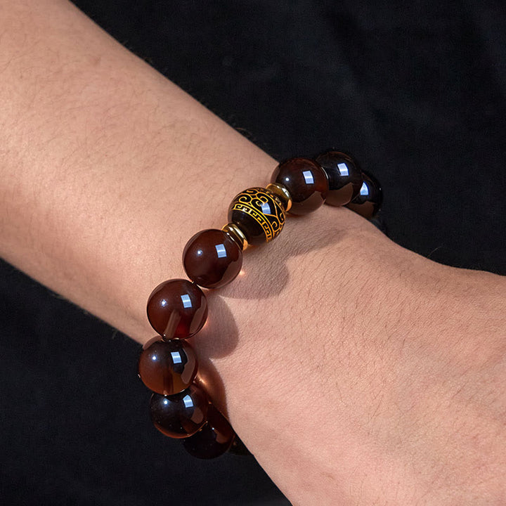 Braccialetto Buddha Stones Ice Obsidian con timbro oro in sanscrito e coraggio