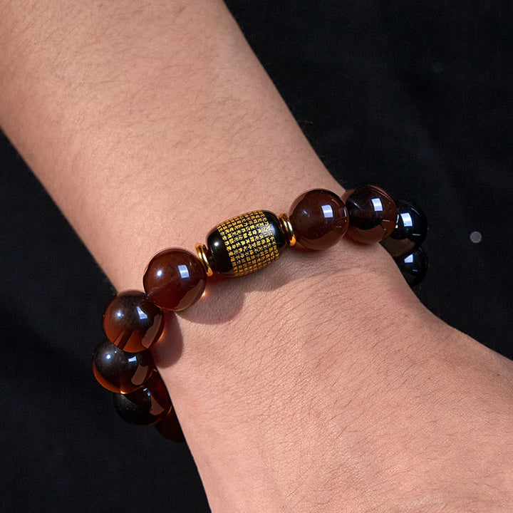 Braccialetto Buddha Stones Ice Obsidian con timbro oro in sanscrito e coraggio