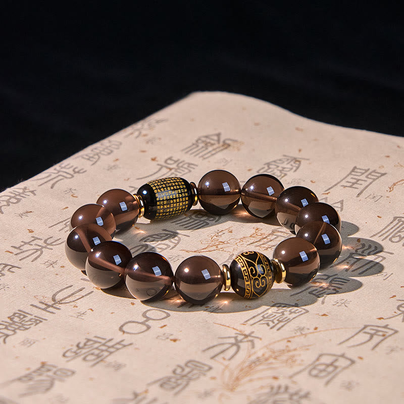 Braccialetto Buddha Stones Ice Obsidian con timbro oro in sanscrito e coraggio