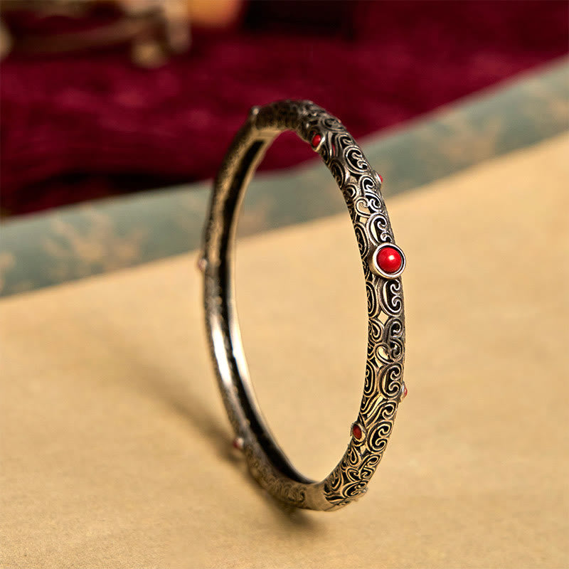 Braccialetto portafortuna in rame e agata rossa incisa con motivo floreale della dinastia Tang, vintage - Disegno floreale della dinastia Tang (fortuna ♥ vibrante) - image 0