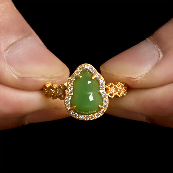 Anello regolabile in oro placcato rame con Buddha Stones, zucca vintage, calcedonio verde