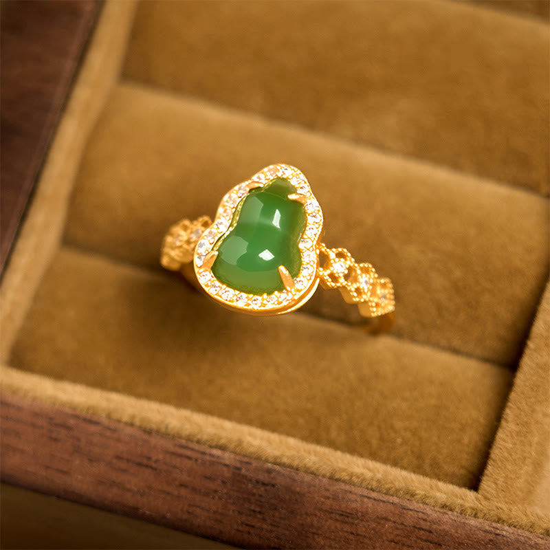 Anello regolabile in oro placcato rame con Buddha Stones, zucca vintage, calcedonio verde