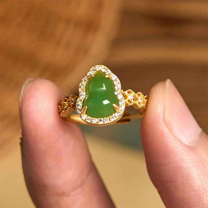 Anello regolabile in oro placcato rame con Buddha Stones, zucca vintage, calcedonio verde